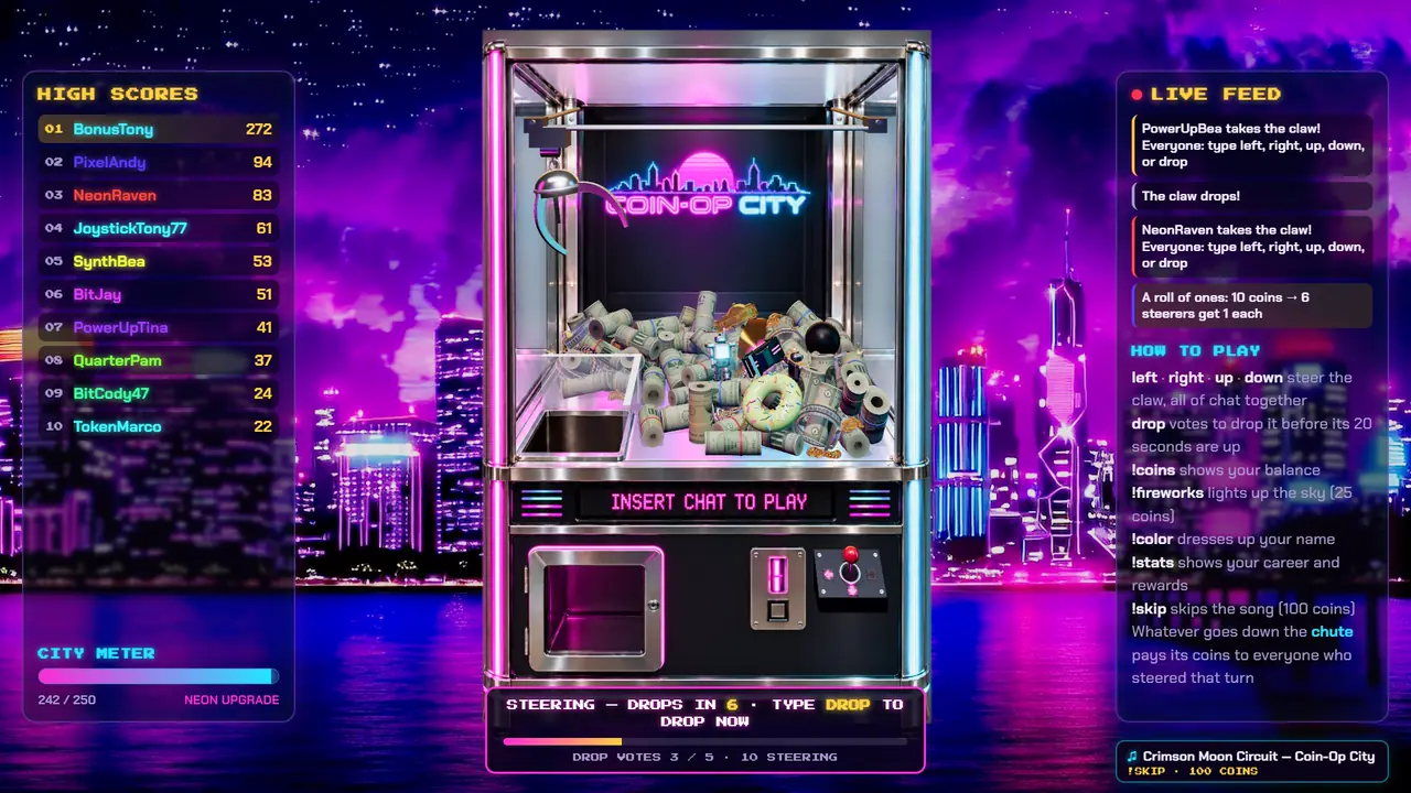 The Coin-Op City claw machine, its pit full of cash rolls, watches and prizes